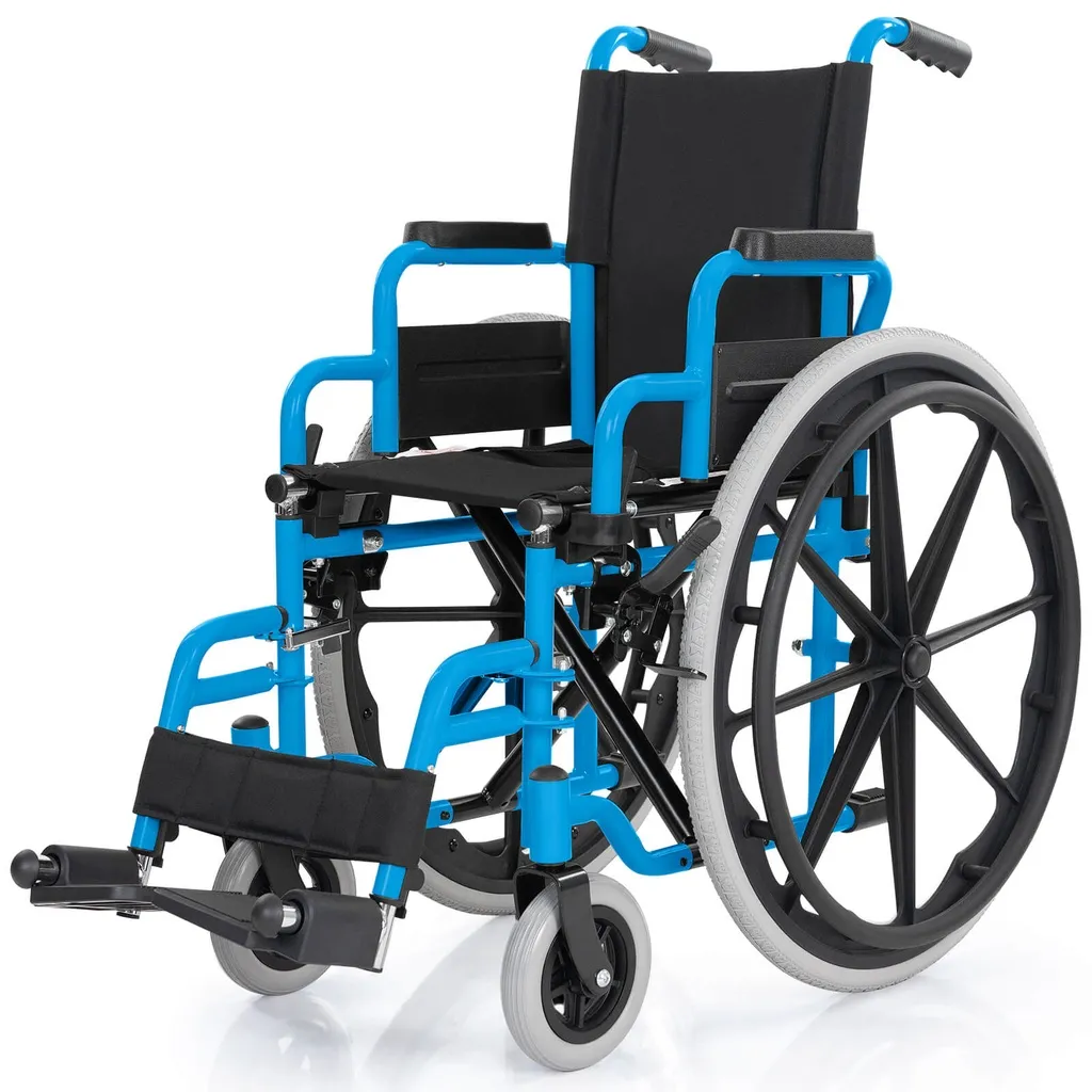 pediatric wheelchair swing away leg rests and swing back armrests 14 inches seat 150 lb capacity bright blue — photo 2 of 6