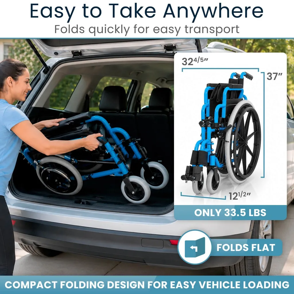 pediatric wheelchair swing away leg rests and swing back armrests 14 inches seat 150 lb capacity bright blue — photo 4 of 6