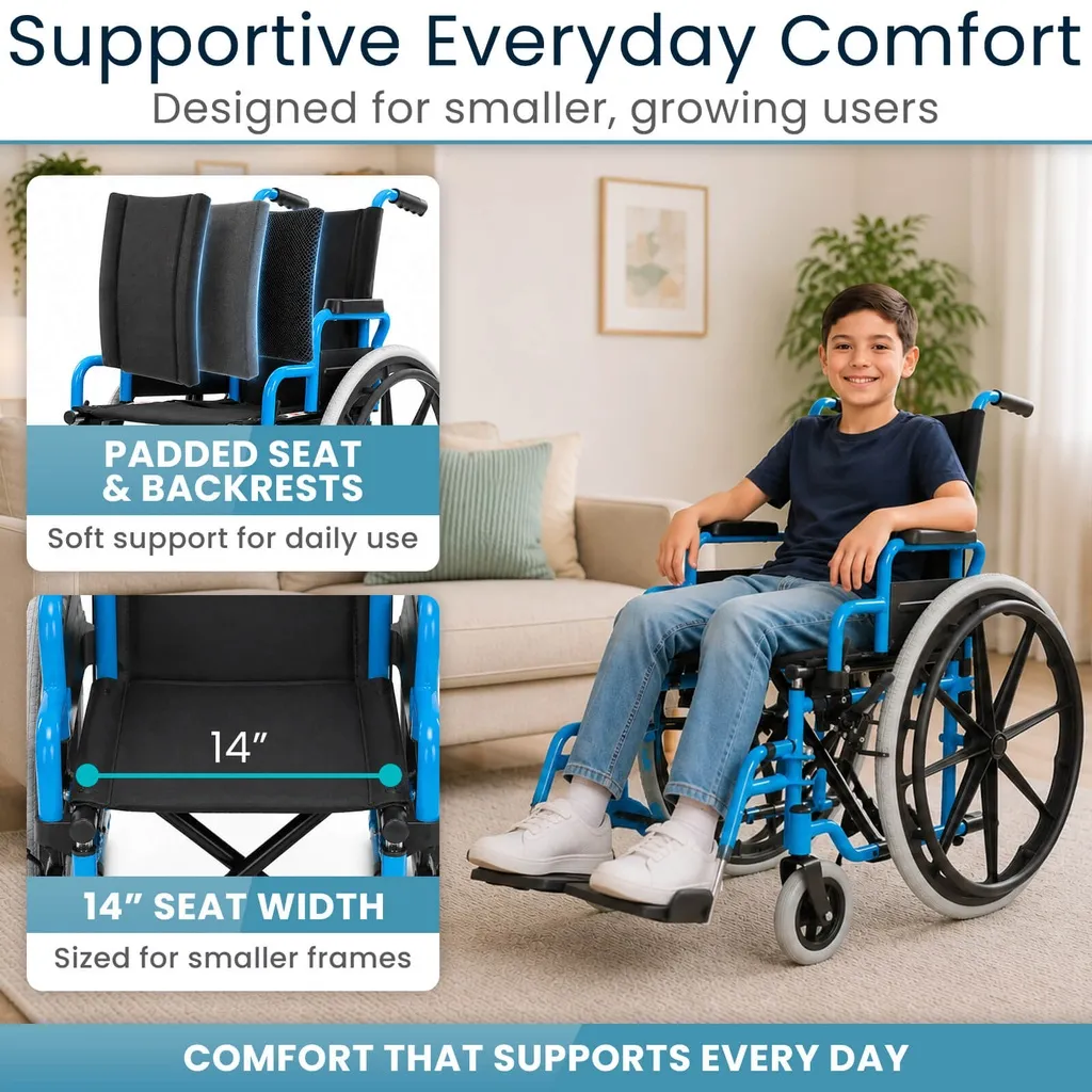 pediatric wheelchair swing away leg rests and swing back armrests 14 inches seat 150 lb capacity bright blue — photo 5 of 6