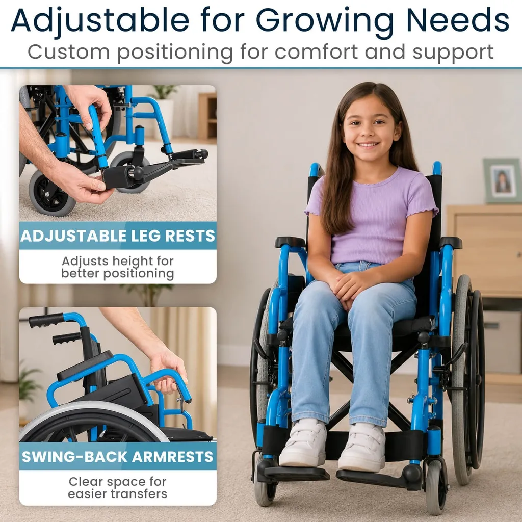 pediatric wheelchair swing away leg rests and swing back armrests 14 inches seat 150 lb capacity bright blue — photo 6 of 6
